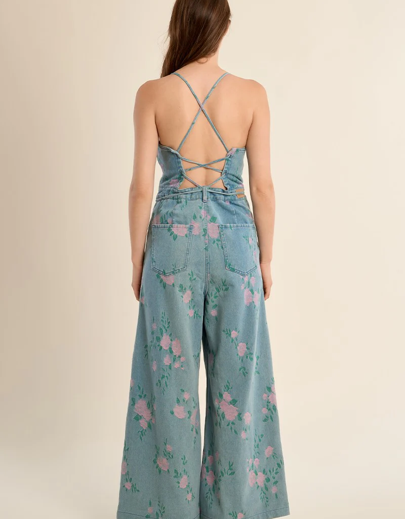 Molly Bracken Kristin Printed Denim Jumpsuit in Light Denim Floral