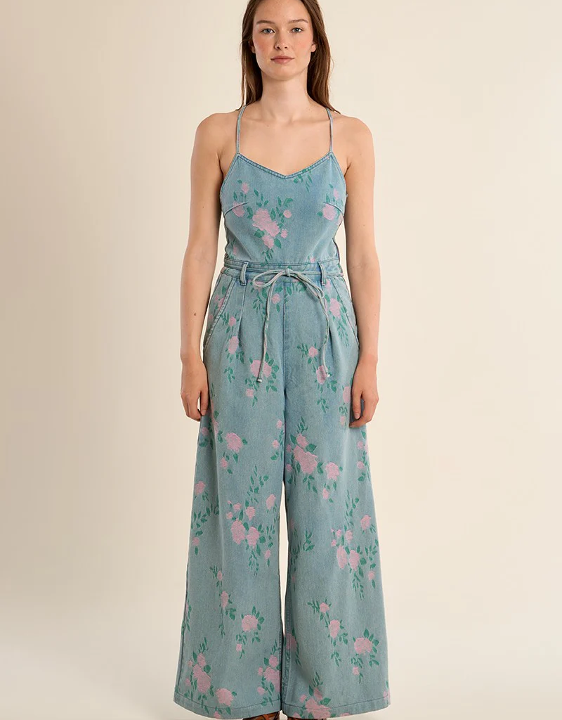 Molly Bracken Kristin Printed Denim Jumpsuit in Light Denim Floral