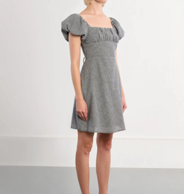Molly Bracken Lisa Puff Sleeve Lace-Back Mini Dress in Black Gingham