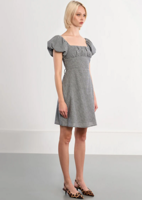 Molly Bracken Lisa Puff Sleeve Lace-Back Mini Dress in Black Gingham