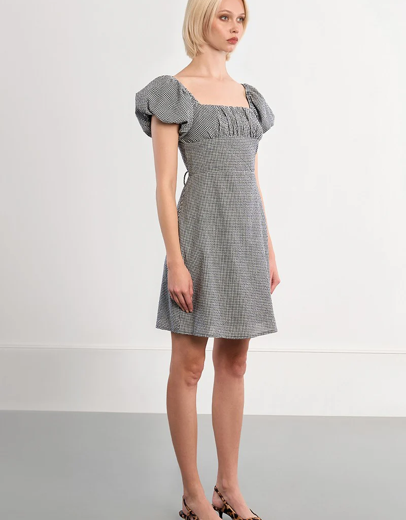 Molly Bracken Lisa Puff Sleeve Lace-Back Mini Dress in Black Gingham