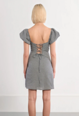 Molly Bracken Lisa Puff Sleeve Lace-Back Mini Dress in Black Gingham