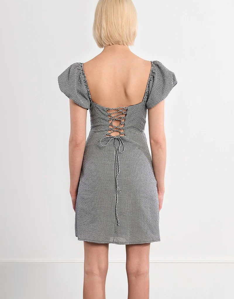 Molly Bracken Lisa Puff Sleeve Lace-Back Mini Dress in Black Gingham