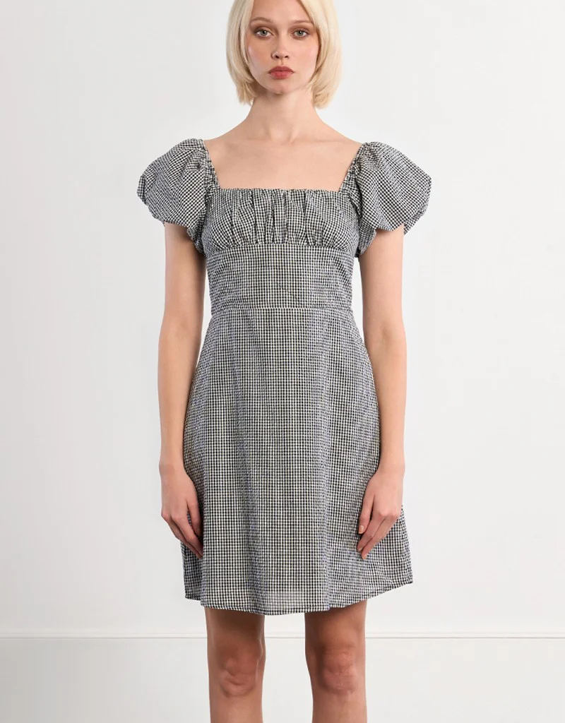 Molly Bracken Lisa Puff Sleeve Lace-Back Mini Dress in Black Gingham