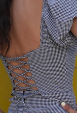 Molly Bracken Lisa Puff Sleeve Lace-Back Mini Dress in Black Gingham