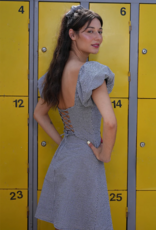 Molly Bracken Lisa Puff Sleeve Lace-Back Mini Dress in Black Gingham