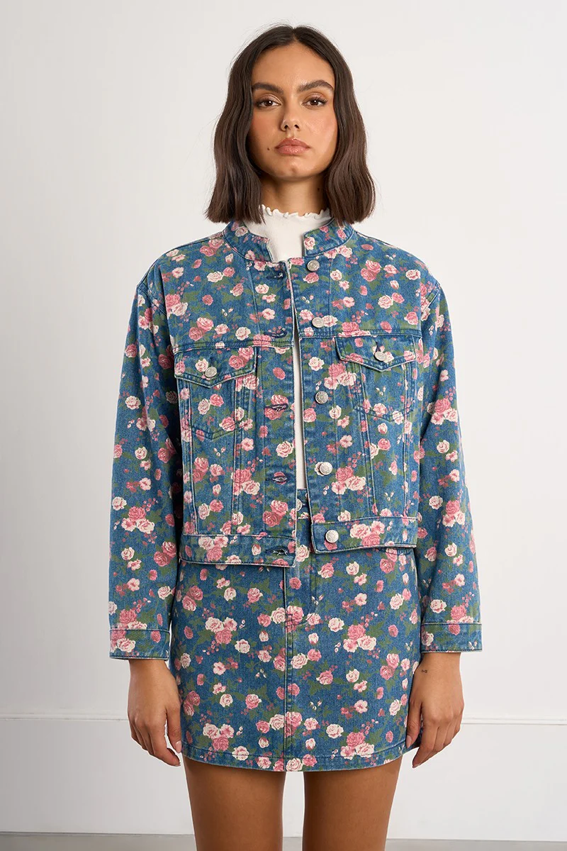 Ameri♡ PIXEL FLOWER PRINT SHORT JACKET Bobby Floral Printed Denim 