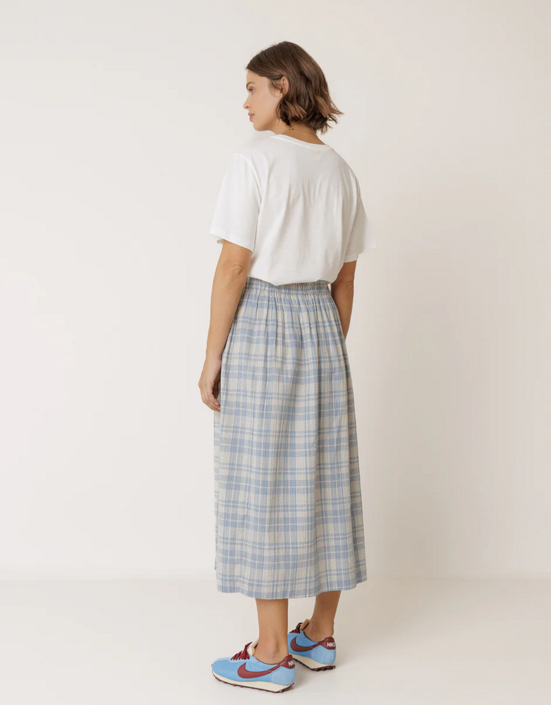 Indi and Cold Andie Cotton Plaid Midi Skirt in British Blue Plaid
