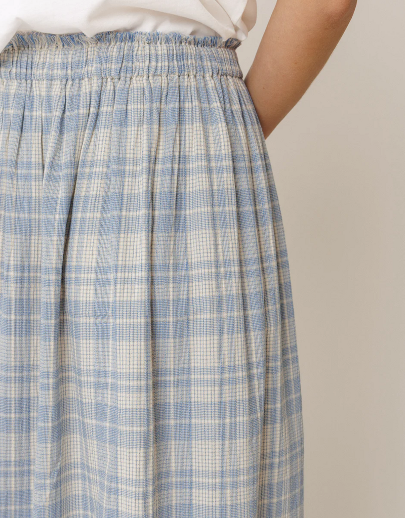 Indi and Cold Andie Cotton Plaid Midi Skirt in British Blue Plaid
