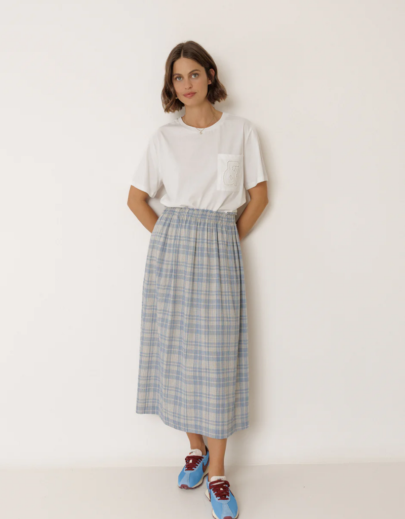 Indi and Cold Andie Cotton Plaid Midi Skirt in British Blue Plaid