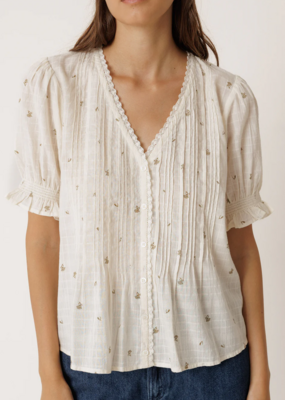 Indi and Cold Evelyn Embroidered Short Sleeved Top in Ecru