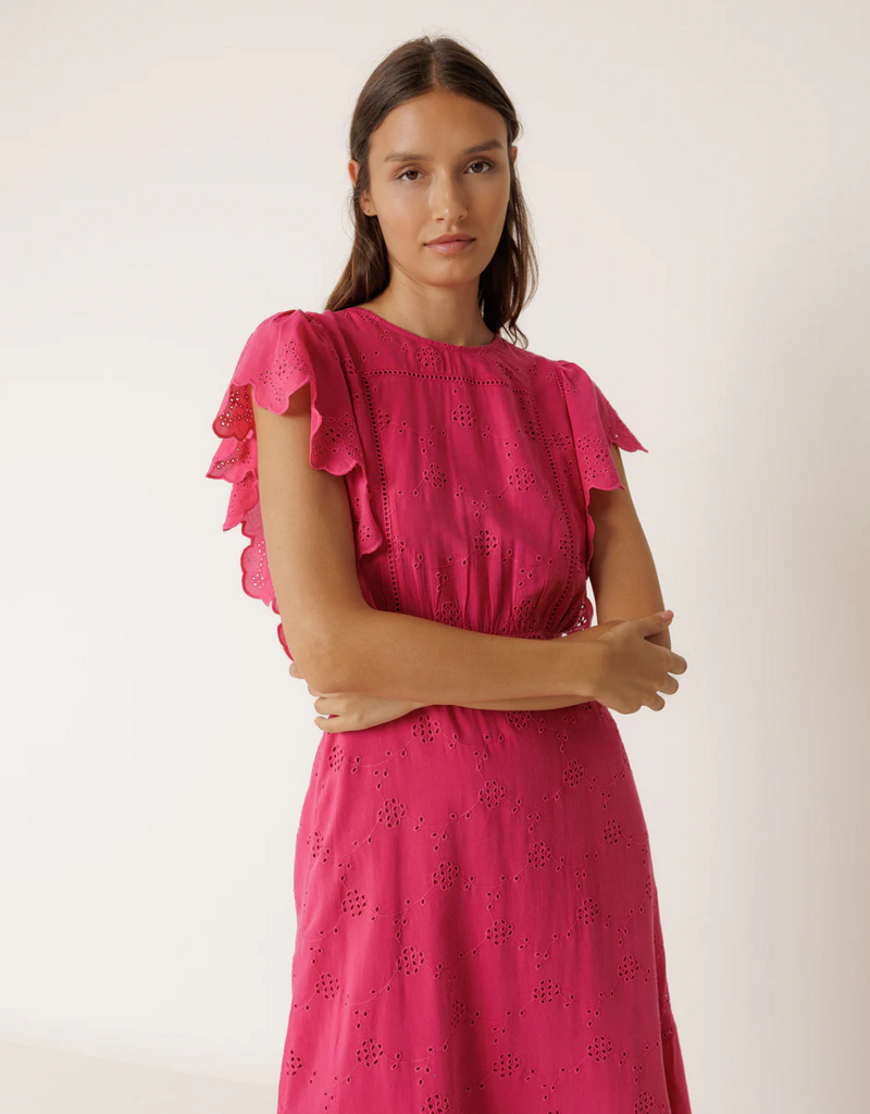 Indi and Cold Abby Schiffli Embroidery Maxi Dress in Strawberry