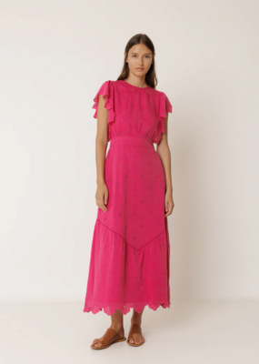 Indi and Cold Abby Schiffli Embroidery Maxi Dress in Strawberry