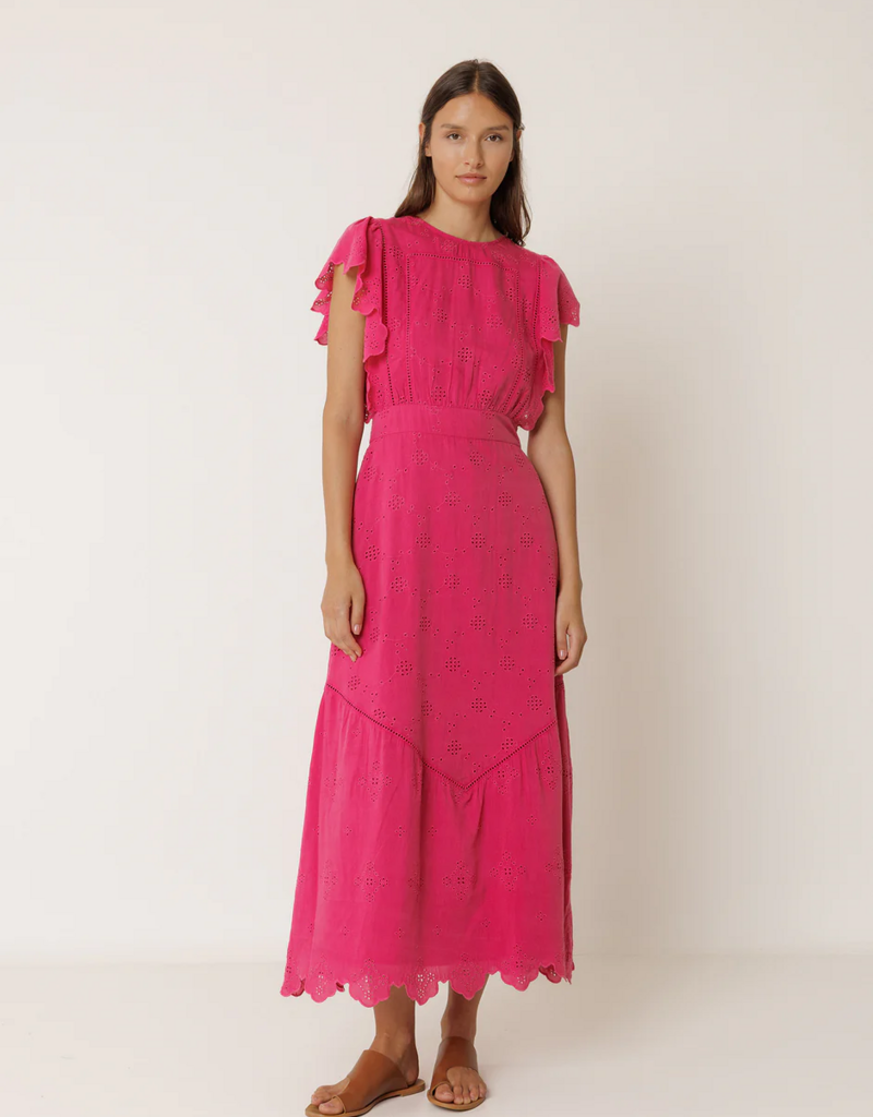 Indi and Cold Abby Schiffli Embroidery Maxi Dress in Strawberry