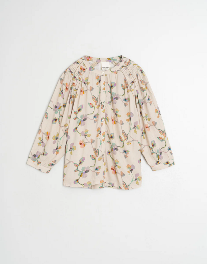 Indi and Cold Gail Ruched Detail Printed Blouse in Beige