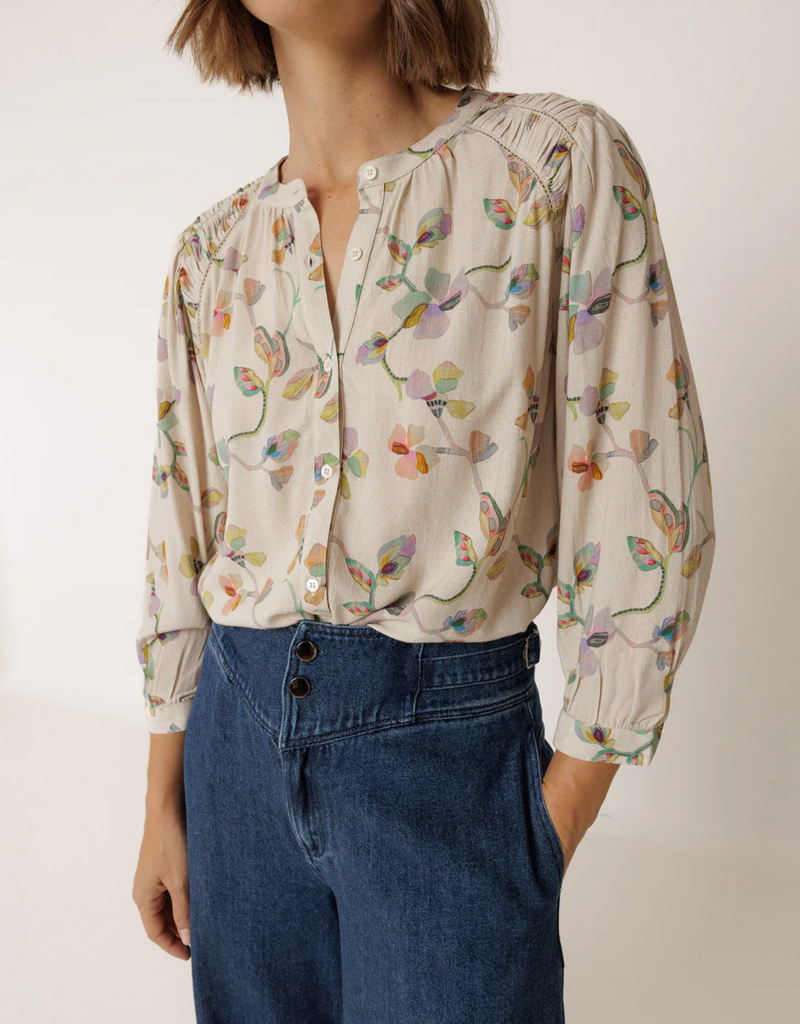 Indi and Cold Gail Ruched Detail Printed Blouse in Beige