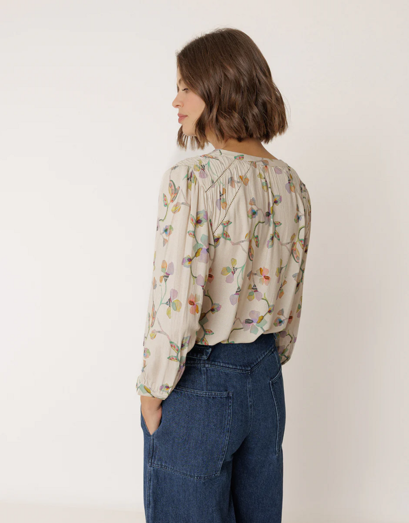 Indi and Cold Gail Ruched Detail Printed Blouse in Beige