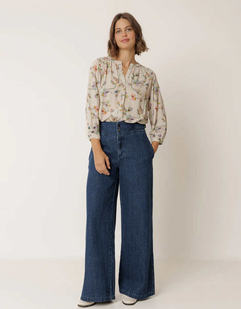 Indi and Cold Gail Ruched Detail Printed Blouse in Beige