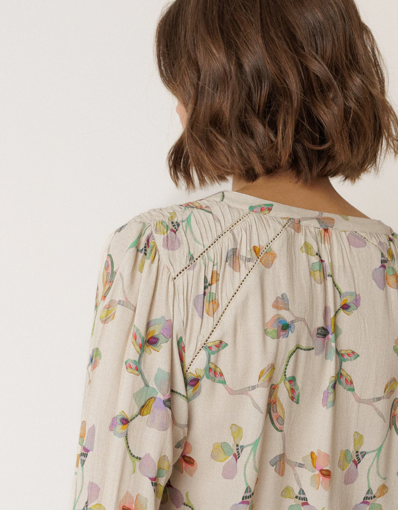 Indi and Cold Gail Ruched Detail Printed Blouse in Beige