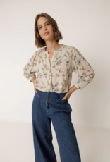 Indi and Cold Gail Ruched Detail Printed Blouse in Beige