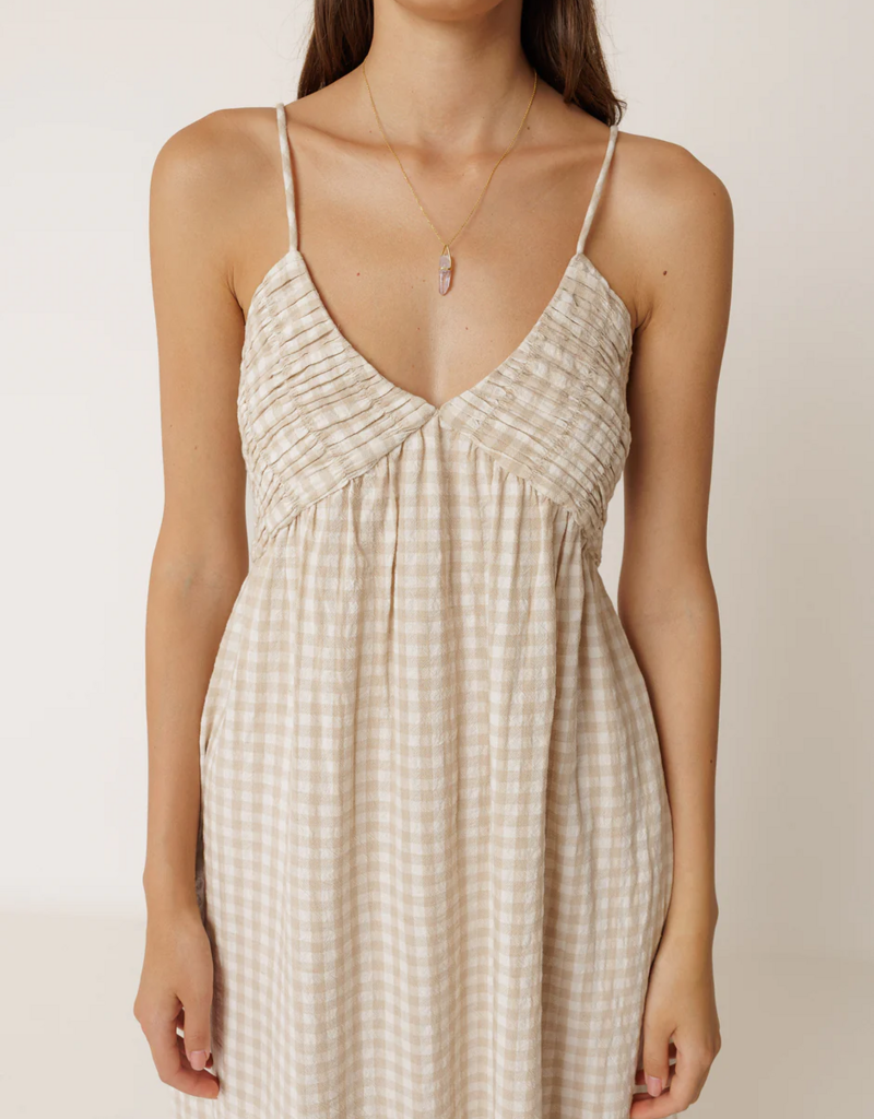 Indi and Cold Potter Strappy Gingham Dress in Beige