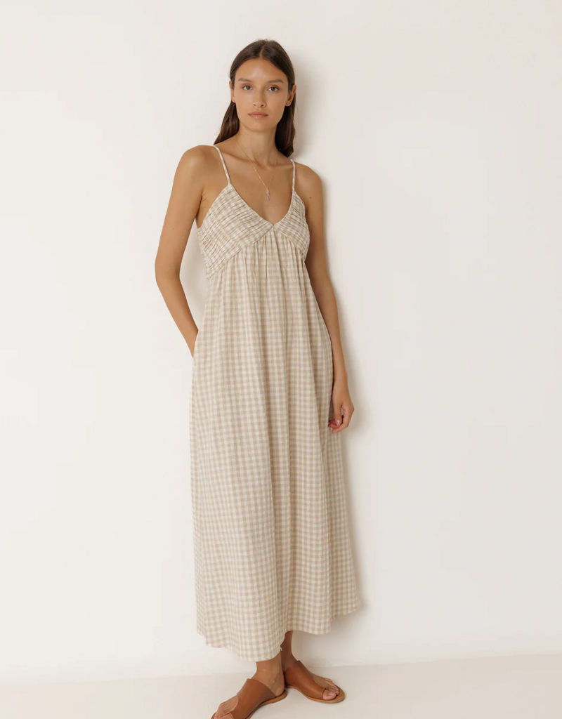 Indi and Cold Potter Strappy Gingham Dress in Beige