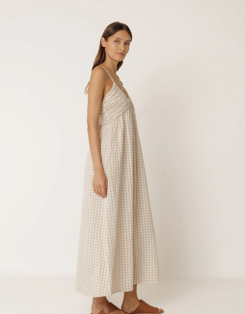 Indi and Cold Potter Strappy Gingham Dress in Beige