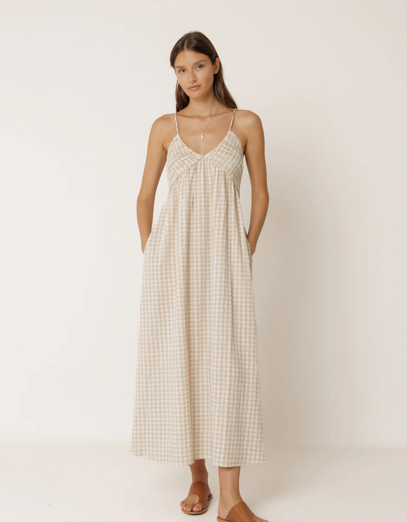 Indi and Cold Potter Strappy Gingham Dress in Beige