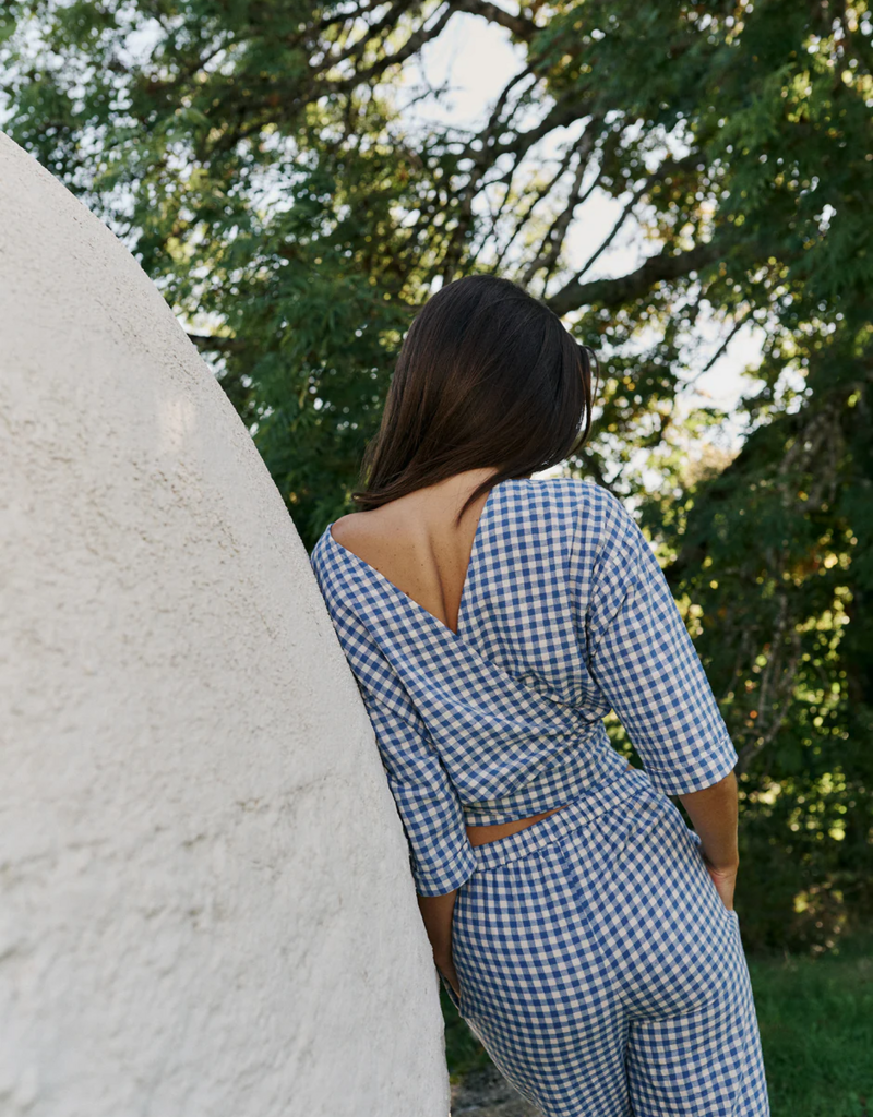 Indi and Cold Eve Reversible Wrap Crop Shirt in British Blue Gingham