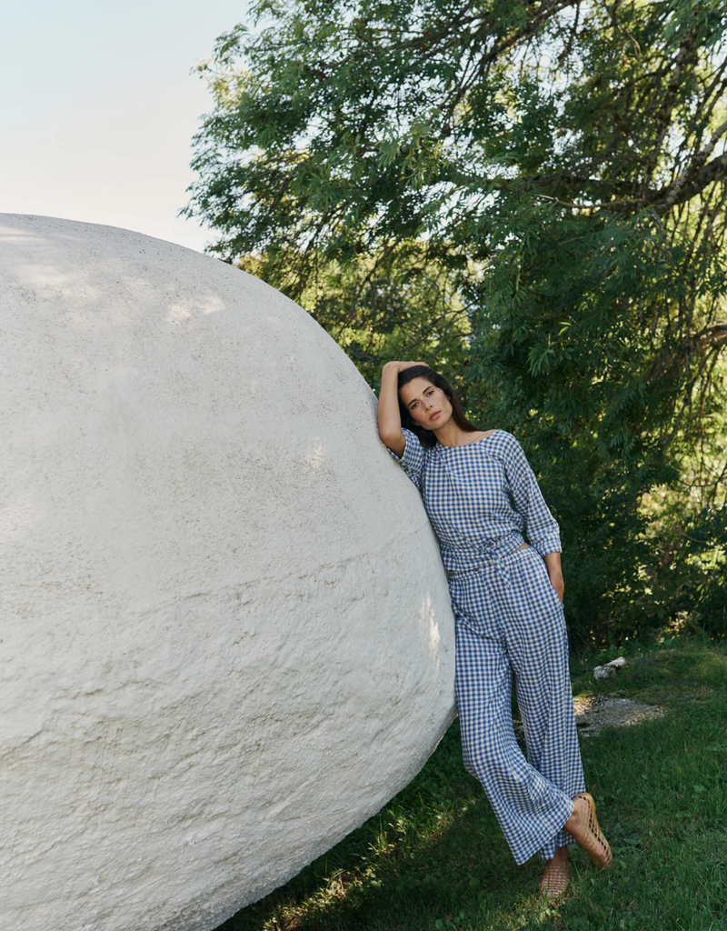 Indi and Cold Drue Elastic Waist Pant in British Blue Gingham