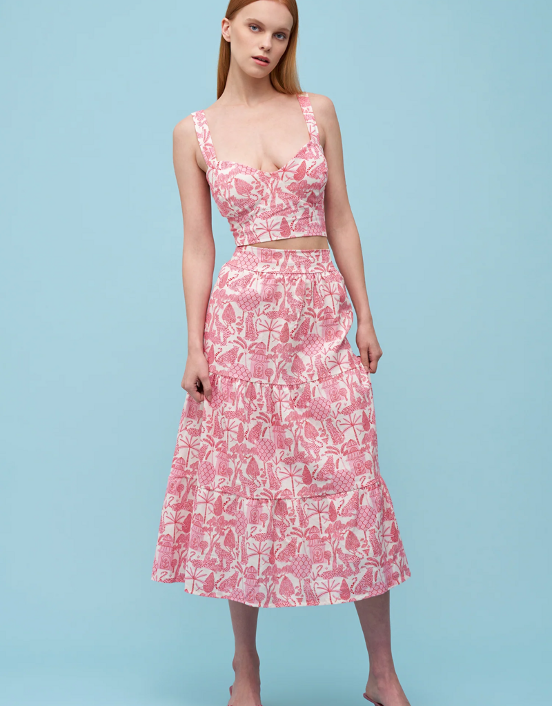 ASTRID Jungle Print Linen Blend Midi Skirt in Pink Toile