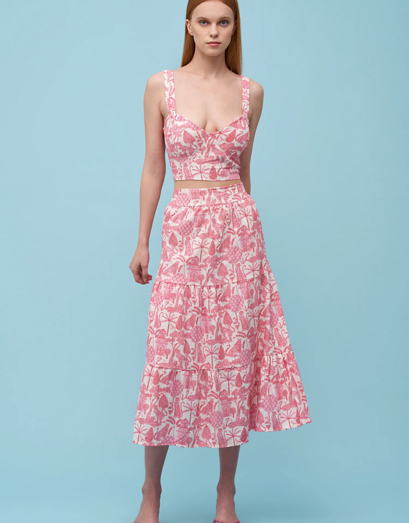 ASTRID Jungle Print Linen Blend Midi Skirt in Pink Toile