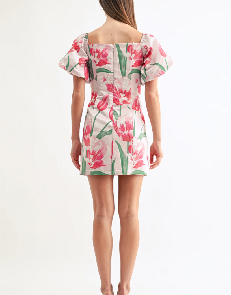 Adelyn Rae Esther Off-The-Shoulder Jacquard Mini Dress in Tulip Floral