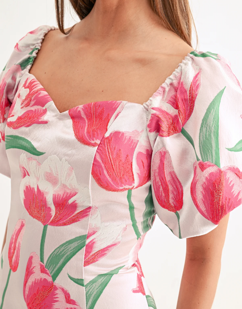 Adelyn Rae Esther Off-The-Shoulder Jacquard Mini Dress in Tulip Floral