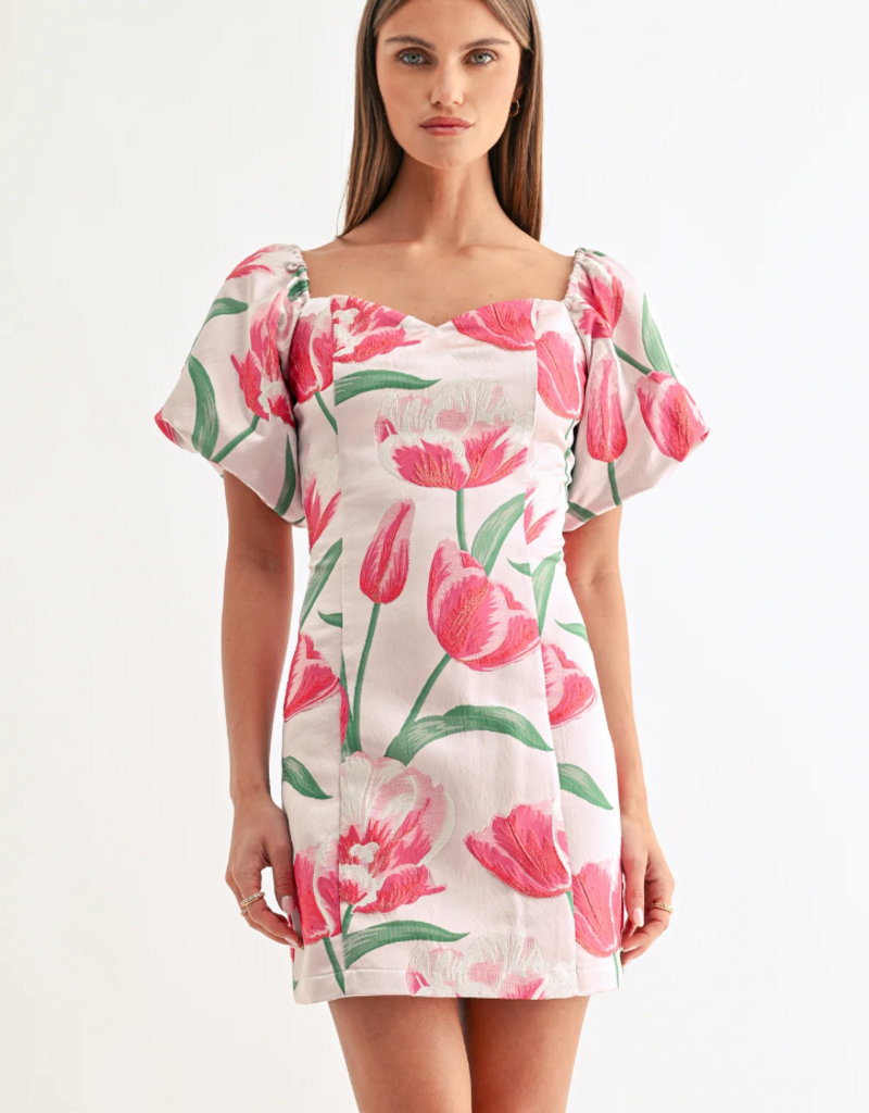 Adelyn Rae Esther Off-The-Shoulder Jacquard Mini Dress in Tulip Floral