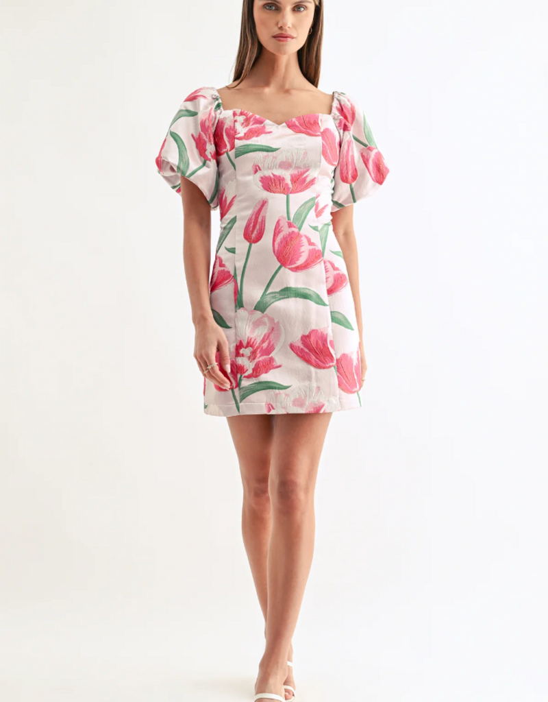 Adelyn Rae Esther Off-The-Shoulder Jacquard Mini Dress in Tulip Floral