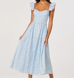 ASTR Wedelia Ruffle Strap Eyelet Corset Midi Dress in Blue Floral