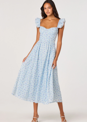 ASTR Wedelia Ruffle Strap Eyelet Corset Midi Dress in Blue Floral