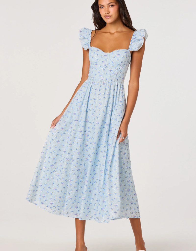 ASTR Wedelia Ruffle Strap Eyelet Corset Midi Dress in Blue Floral