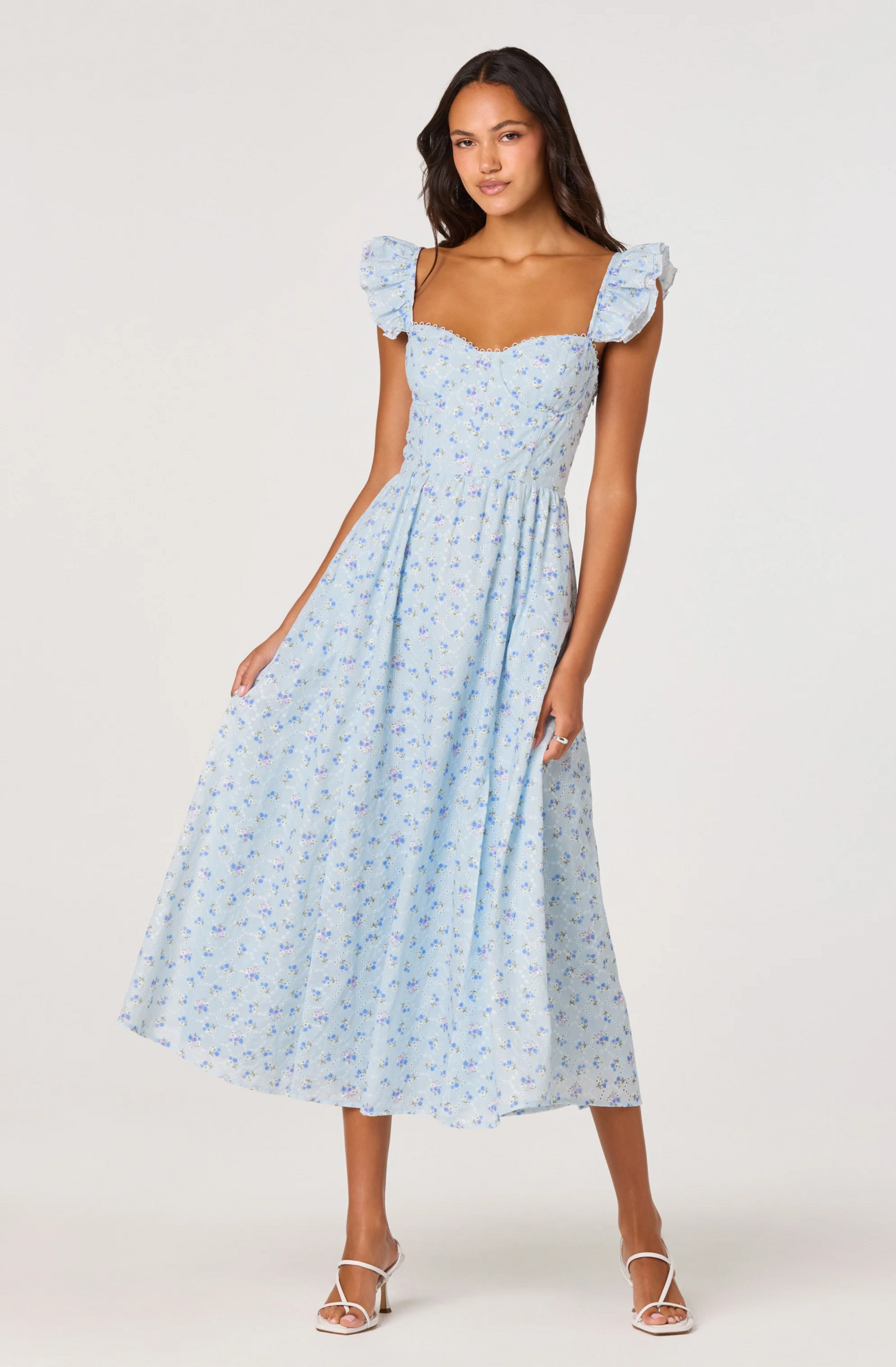 Wedelia Ruffle Strap Eyelet Corset Midi Dress in Blue Floral