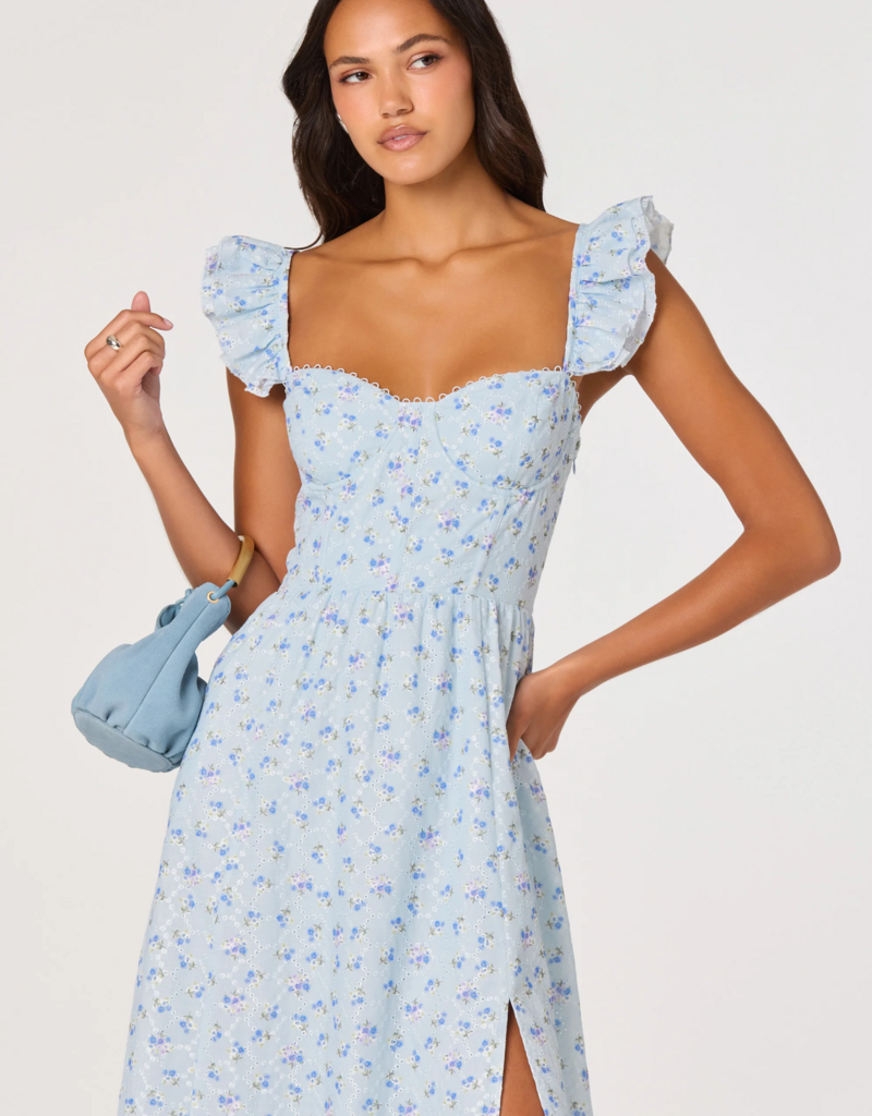 ASTR Wedelia Ruffle Strap Eyelet Corset Midi Dress in Blue Floral