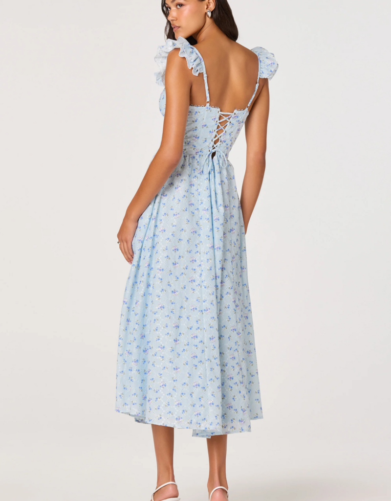 ASTR Wedelia Ruffle Strap Eyelet Corset Midi Dress in Blue Floral