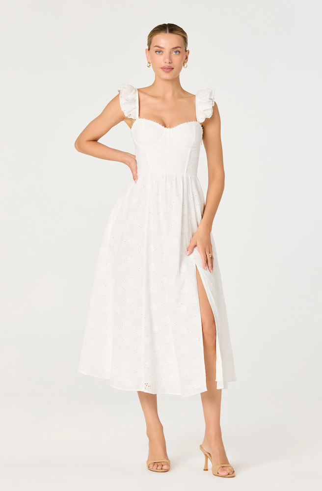 Wedelia Ruffle Strap Eyelet Corset Midi Dress in White - Adorn