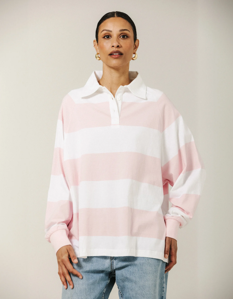 Brunette the Label Classic Brunette Rugby Polo Shirt in Rose w/ White