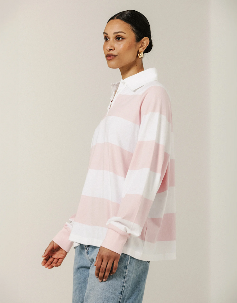 Brunette the Label Classic Brunette Rugby Polo Shirt in Rose w/ White