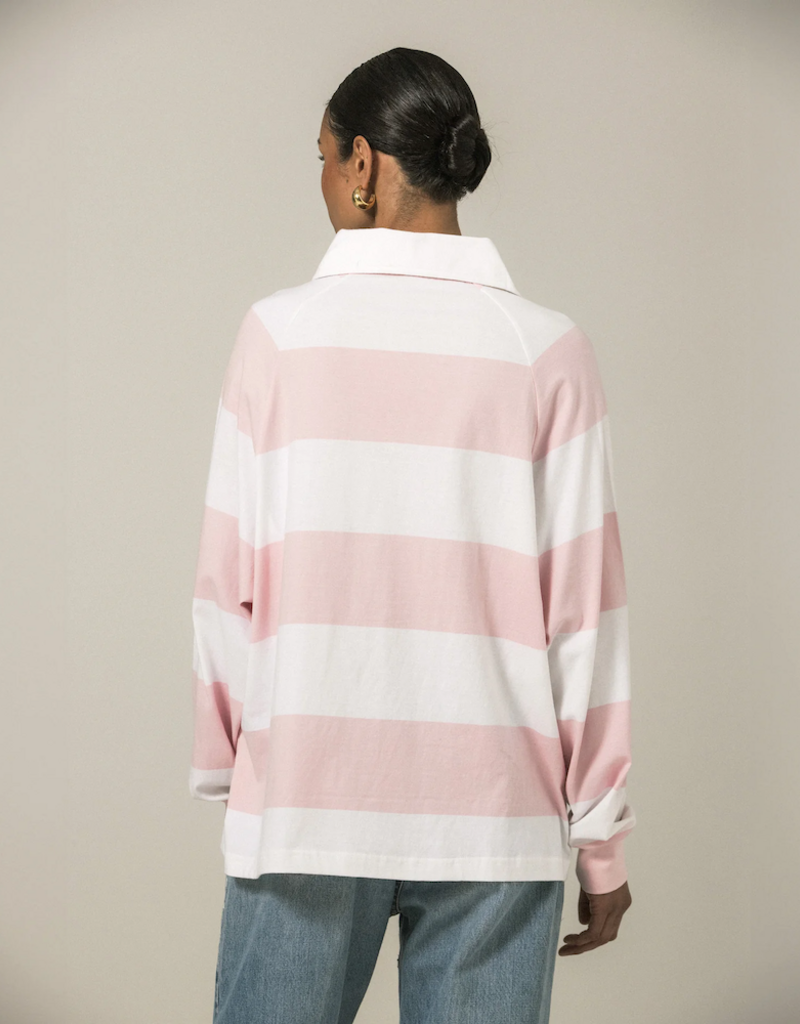 Brunette the Label Classic Brunette Rugby Polo Shirt in Rose w/ White