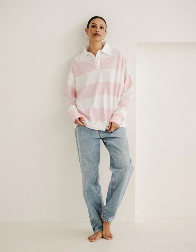 Brunette the Label Classic Brunette Rugby Polo Shirt in Rose w/ White