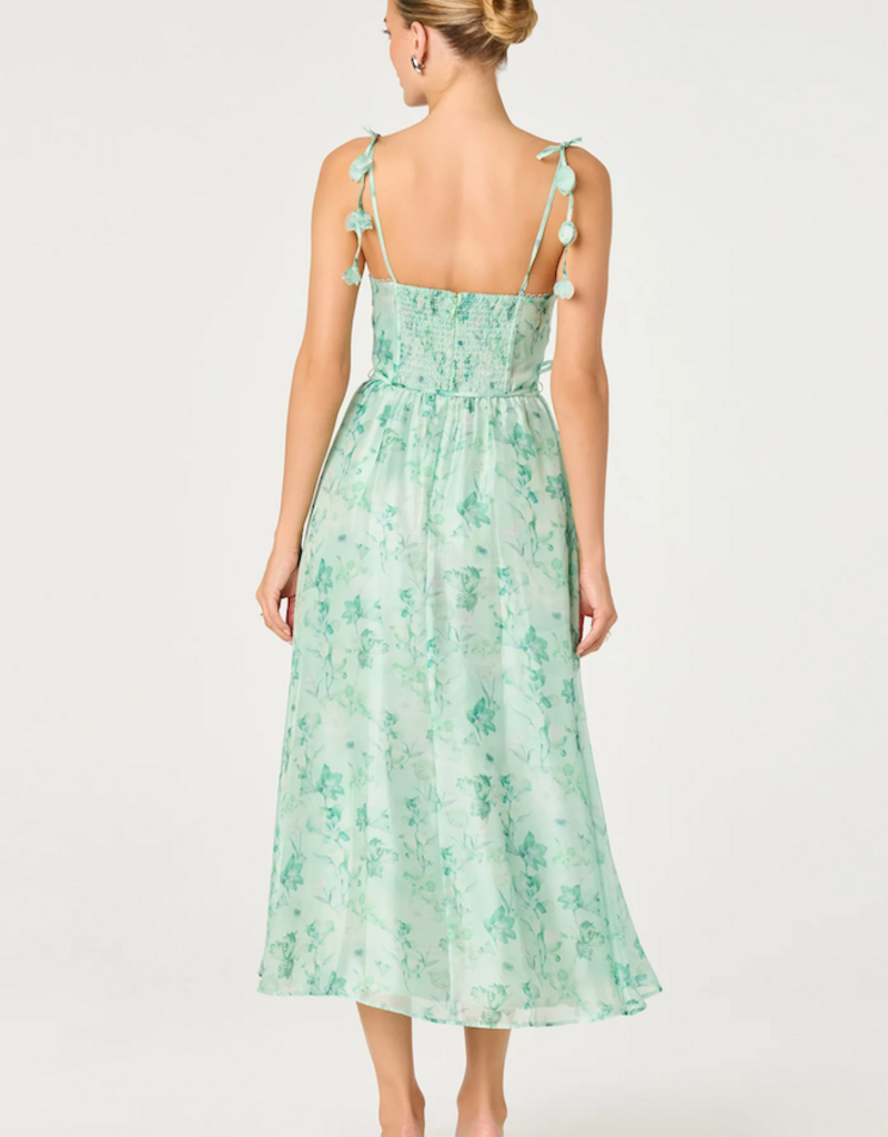 ASTR Halcyon 3D Flower Appliqué Midi Dress in Green Floral