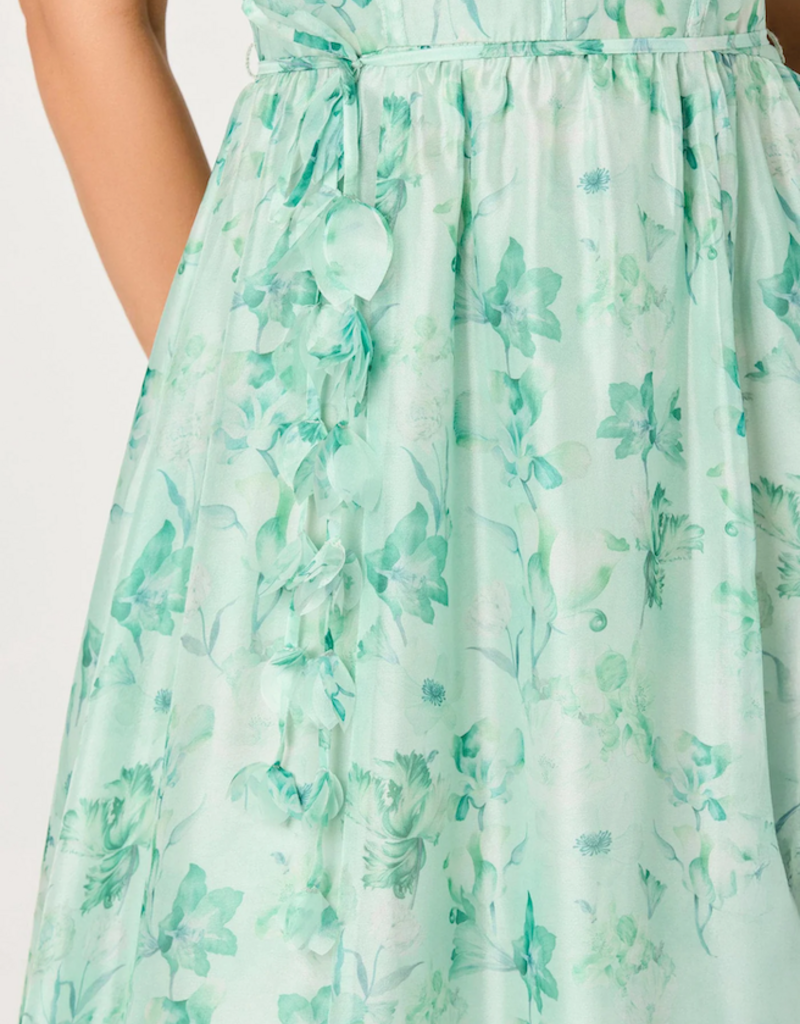 ASTR Halcyon 3D Flower Appliqué Midi Dress in Green Floral