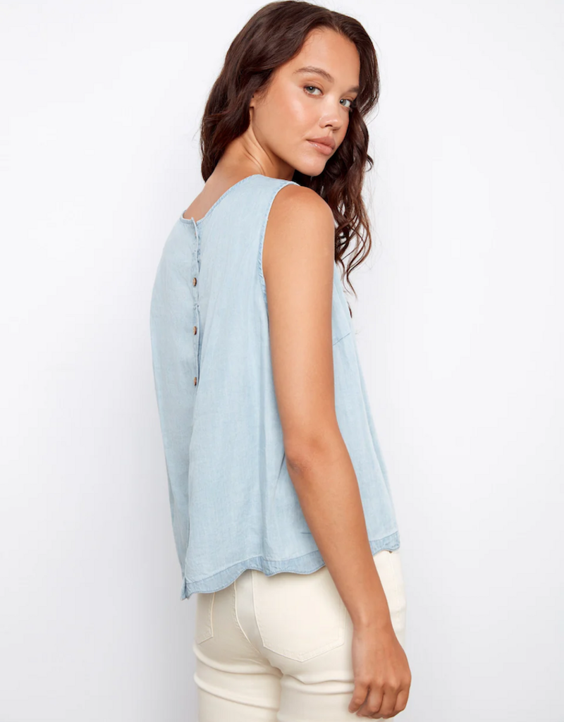 Charlie B Nan Scallop Hem Sleeveless Top with Back Decorative Buttons